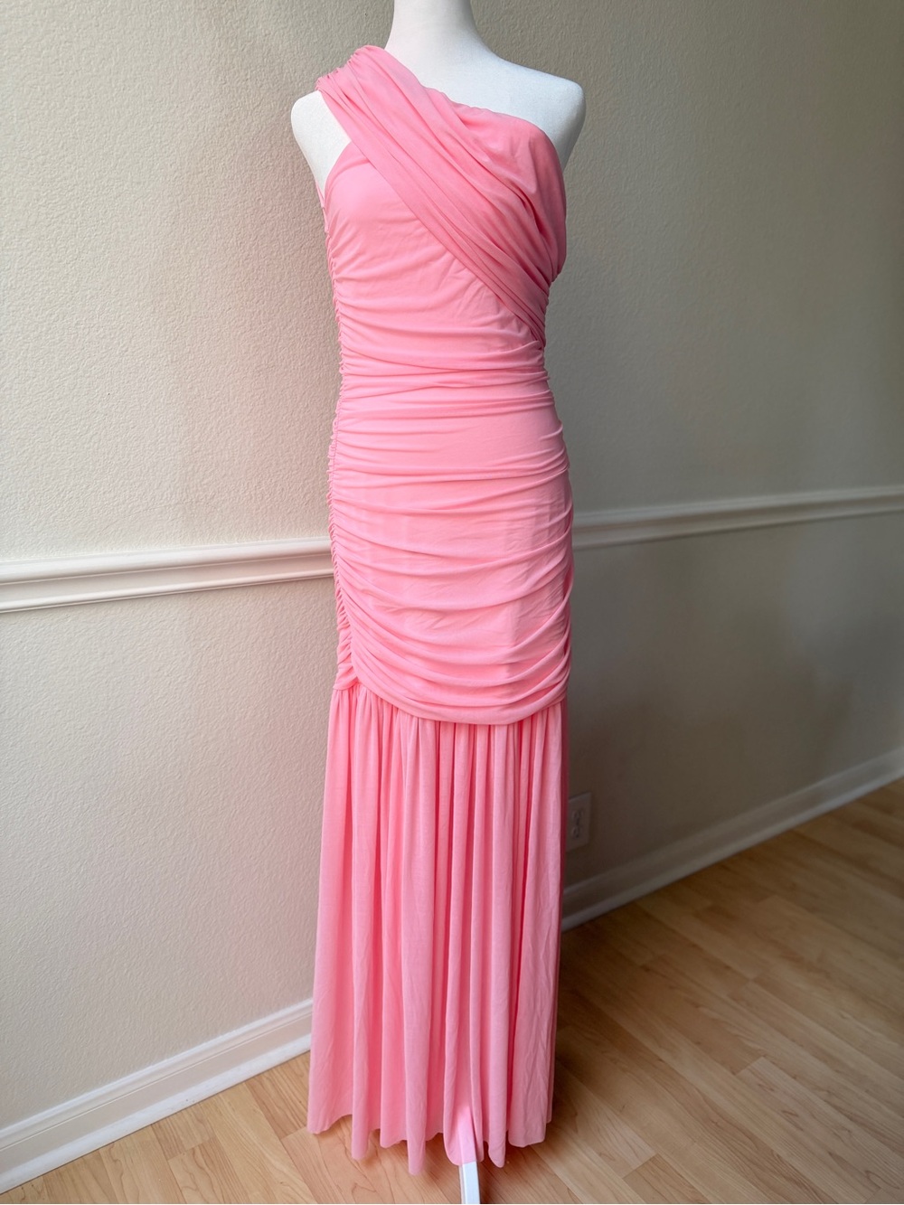 Barbie Pink One Shoulder Ruched Maxi Dress‎ Mermaid Hem Formal Evening Gown L